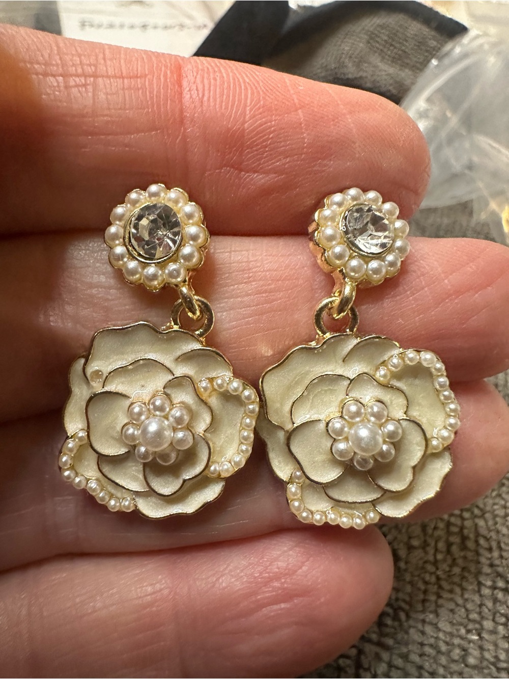Gold Floral Pearl Drop Earrings for Women